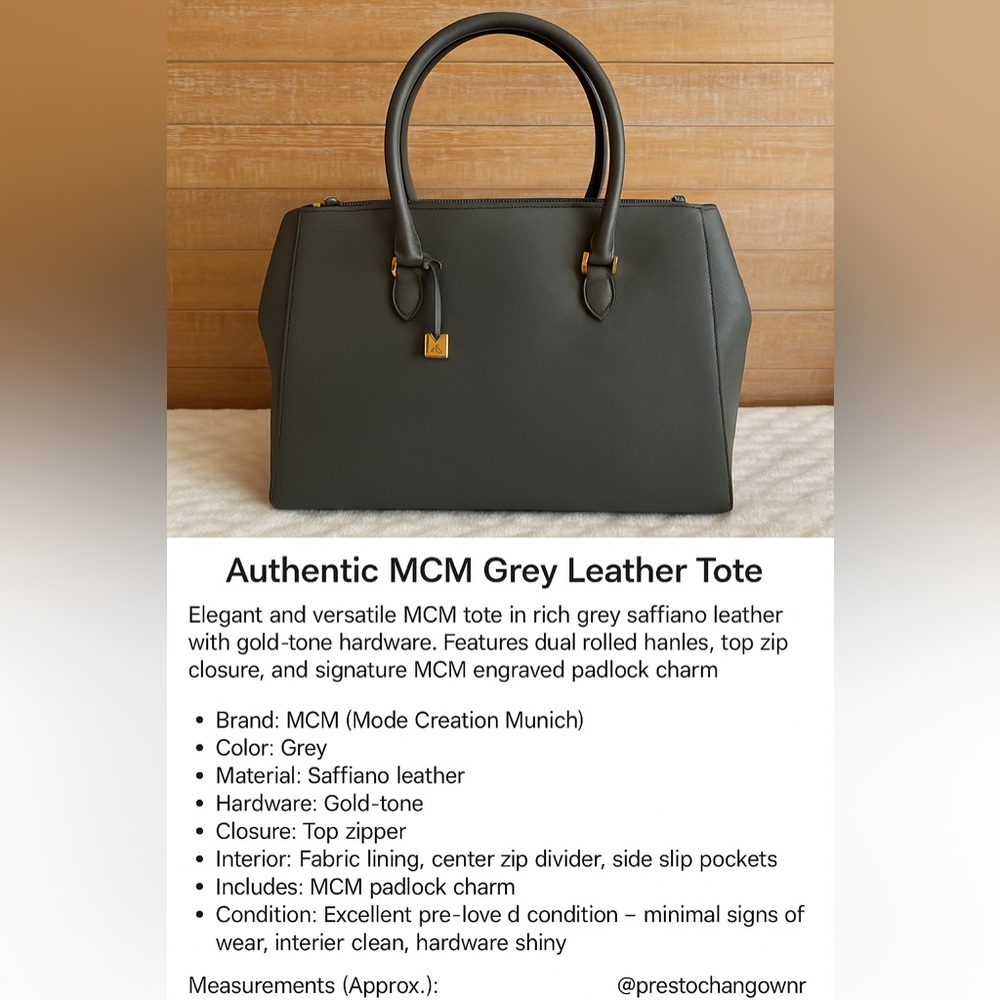 MCM Charcoal Leather Tote with Gold Accents
